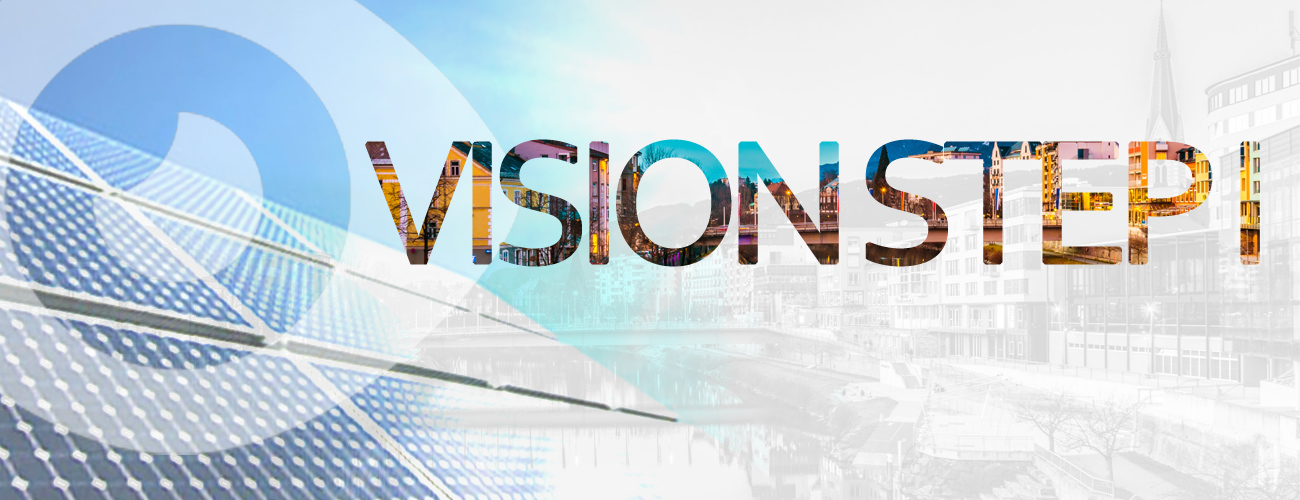Eine PV-Anlage und die Sonne sind zu sehen mit einem großen Augen darüber in dem "Smart City: Vision Step 1" zu lesen ist.