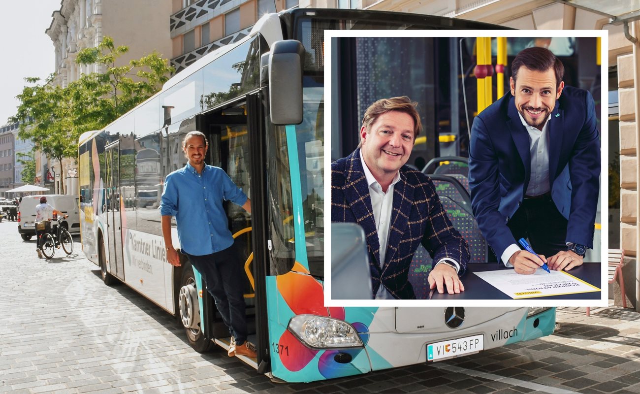 Villach Bus-Zukunft ist geregelt, freuen sich Landesrat Sebastian Schuschnig, Bürgermeister Günther Albel (kleines Foto) und Stadtrat Sascha Jabali Adeh
