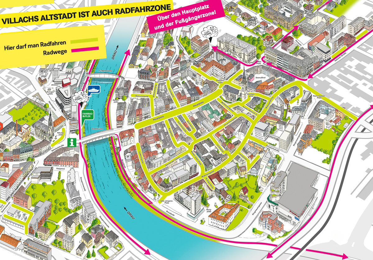 Radeln in der Villacher Innenstadt - auch Hauptplatz für Pilotprojekt für Radfahren geöffnet.
