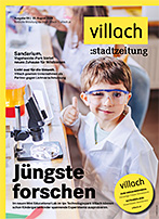 Cover Stadtzeitung Nr. 08/2024 mit Titelstory "Jüngste forschen im neuen Mini Educational Lab"