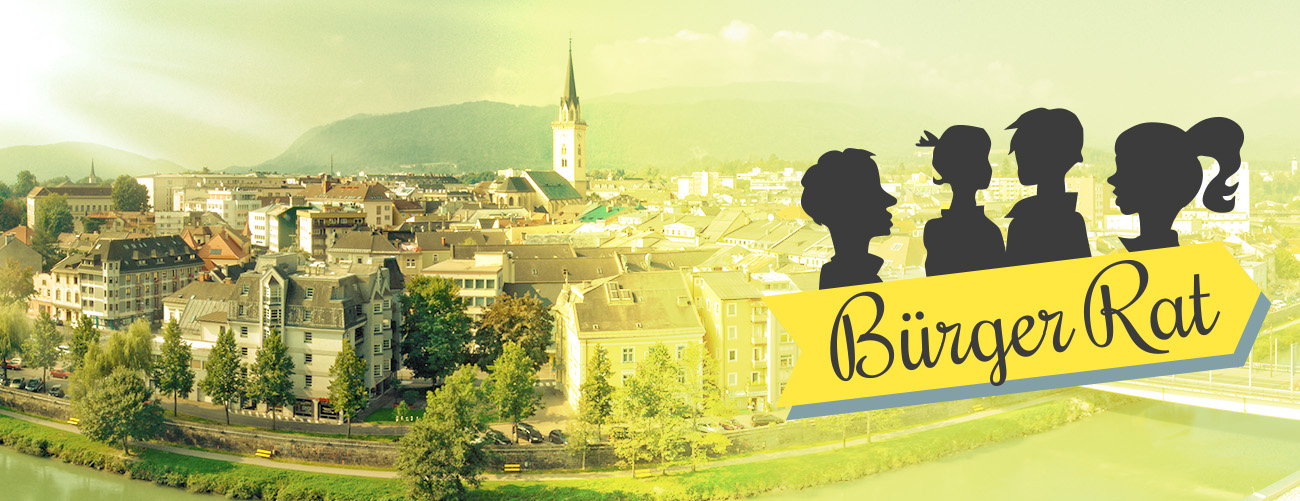 Ein 'Panorama der Villacher Altstadt in gelb gehalten mit dem Logo des Villacher Bürgerrates